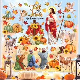 decalmile Fall for Jesus Double Sided Window Clings Autumn Pumpkin Maple Leaves Christian Jesus Religious Cross Angels Anti-Collision Glass Doors Window Stickers Decals