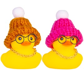 CoFuBcad Car Rubber Ducks Dashboard Decoration 2 Pack Winter Ducks Car Ornaments Accessories with Mini Beanie Hats, Necklaces and Sunglasses(F5)