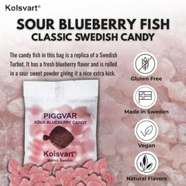 KOLSVART Swedish Candy, Piggvar Shaped, Classic Scandinavian Gummy, Vegan, Gluten Free, Sour Blueberry Flounder, 4.2oz (1-Pack)