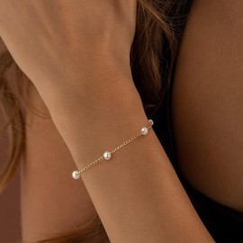 Gold Pearl Bracelets for Women Dainty Gold Bracelets for Women Gold Plated Pearl Bead Link Bracelet Bridesmaid Jewelry (Style 1)