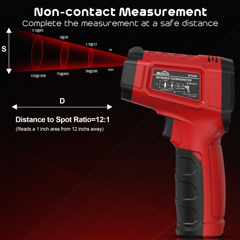 Infrared Thermometer, SQECH Laser Thermometer -50℃~600℃(-58℉~1112℉), with Adjustable Emissivity and
