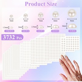 Phinus 3732Pcs Hair Pearls, 3/4/5/6/8mm Pearls for Hair, White and Beige Pearl Stickers for Crafts, Hair Pearls Stick on Body Gems for Eye Nails Make up and DIY Decorations
