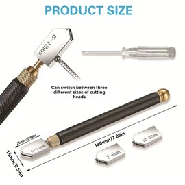 Glass Cutter Kit, Glass Cutting Tool, 2mm-20mm Professional Cutting Head, Upgrade Glass Cutter Tool 2mm-20mm, Glass Cutter Kit with Cutting Oil, with Replaceable 3 Carbide Cutting Heads