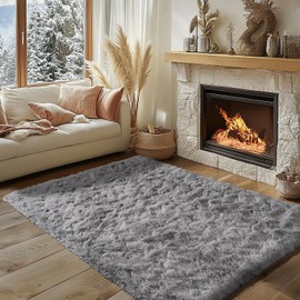 Zentavio Soft Area Rugs for Living Room Bedroom 4x6 Feet Fluffy Fuzzy Furry Shaggy Aesthetic Carpet Plush High Pile Floor Rug for Nursery Kids Room Dorm Home Decor Tie-Dyed Light Grey