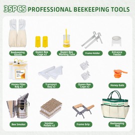 POLLIBEE 35Pcs Beekeeping Supplies Starter Kit with Bee Suit,Smoker & Frame Holder, Complete Bee Hive Tools Set with Oxford Bag for Beginner Beekeepers Men Women (XXL)