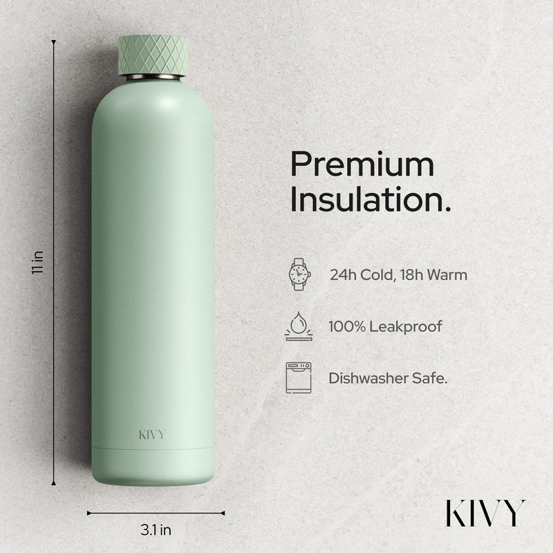 KIVY 32oz Stainless Steel Insulated Water Bottle - Leak Proof,