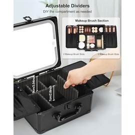 Relavel - Bolsa de maquillaje con espejo LED, estuche de maquillaje para viajes en tren con espejo iluminado recargable y divisores ajustables, organi