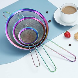 Kyraton Rainbow Fine Mesh Strainer 3 Pieces Set, Copper Flour Sifter for Baking, Stainless Steel Clander, Matcha Tea Strainer, Gravy Separator, Stasher Sieve Pasta Strainers