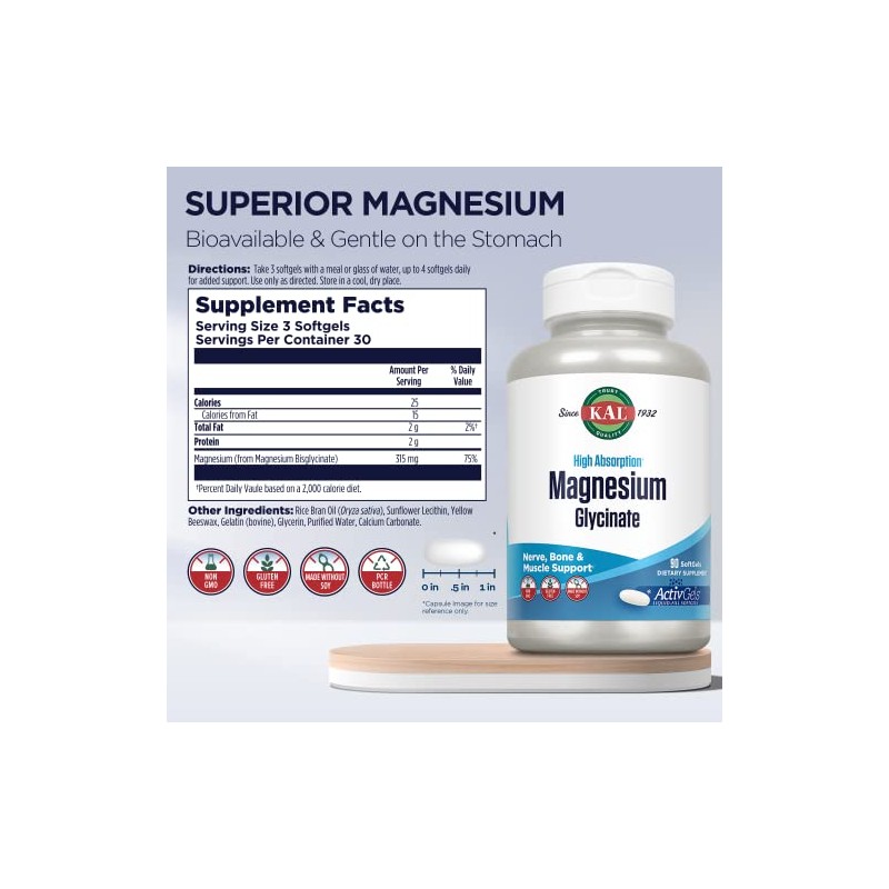 KAL- “Magnesio Glicinato ActivGels 315mg, Suplemento de Magnesio de Alta