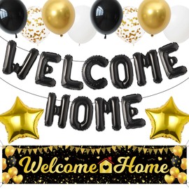 Welcome Home Banner Decorations Backdrop - Black Gold Welcome Home Balloons Large Yard Banners, Military Relatives Returning Housewarming Background Decor for Homecoming Family Party Indoor Outdoor