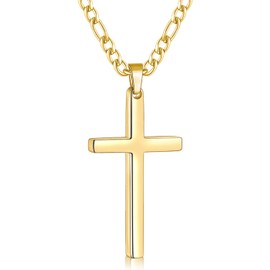 Fiusem Gold Plated Cross Necklace for Men, Stainless Steel Mens Cross Necklaces with 3.5mm Figaro Chain, Big Pendant Chain 20 Inch