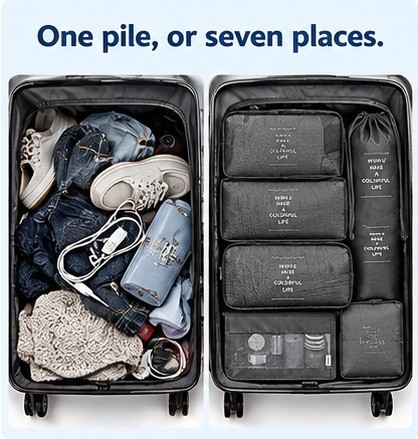 A jumbled suitcase beside the same case packed with the seven cubes