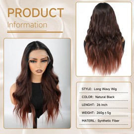 XCHJH Ombre Reddish Brown Synthetic Lace Front Wigs 26 Inch T Middle Part Synthetic Heat Resistant Wig Long Wavy Wigs for Women 13x4x1 T Part Lace Wigs