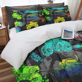 Culudea Abstract Monster Truck Comforter Set Twin Size, Car Shabby Dots Soft Bedding Set with Pillowcases for Girls Teens Kids Boys Adults Bedroom Bed Decor,1 Quilt 1 Pillow Case