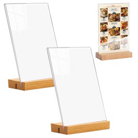 Tkxjry 2 Sets Wooden Restaurant Menu Stands, Acrylic Wooden Base Table Stand, Menu Card Holder, Plexiglass Advertising Stand, A4 Table Sign Holder for Office, School, Restaurant, Shop, Hotel