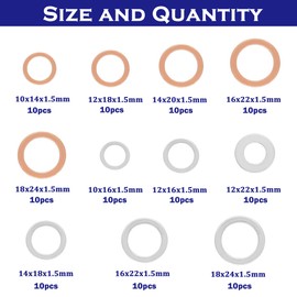 maierke 110PCS Crush Washer Oil Drain Plug Gasket Assortment,50PCS 5 Sizes Copper and 60PCS 6 Sizes Aluminum Oil Plug Washers Automotive Engine Crush Washers (M10 M12 M14 M16 M18)
