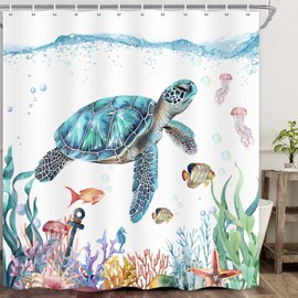 Boziqr Nautical Sea Turtle Shower Curtain Blue Ocean Beach Shower Curtains for Bathroom Starfish Anchor Fish Tropical Bathroom Curtain and Hooks Set 70 x 70 Inch