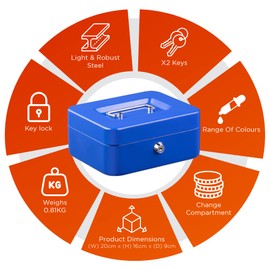 Jazooli Heavy Duty Metal Cash Money Coin Box Bank Deposit Steel Tin Security Safe Petty 2 Keys Lock Lockable Jewellery Passports Documents Security Case, Blue, 8”