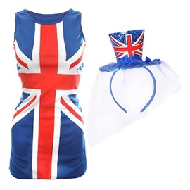 Ladies Union Jack Dress and Mini Fascinator Hat - XXX-Large - Blue Dress with Union Jack Flag Design and Mini Union Jack Top Hat with Fascinator - King's Coronation Street Party Fancy Dress Costume