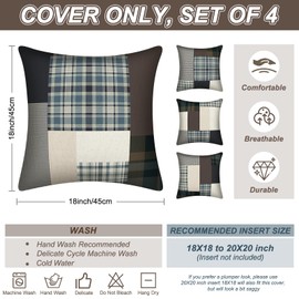 HunnmingRe 4 Pack Farmhouse Patchwork Plaid Throw Pillow Covers 18 x 18 Inch Primitive Rustic Gingham Cushion Case Country Cottage Checkered Throw Pillow Covers for Couch Bed Sofa Living Room Decor