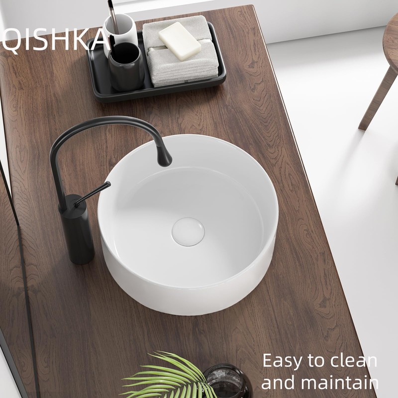 12 Inch Round Bathroom Sink Above Counter, QISHKA Small White