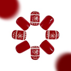 Christmas Press on Nails Short Square French Tip Fake Nails Red Winter False Nails with Designs White Snowflake Glossy Winter Glue on Nails Xmas Acrylic Nails for Women Girls 24 Pcs