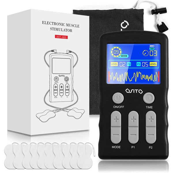 Dual Channel TENS Unit Machine (F.D.A.- Cleared) OSITO Muscle Stimulator with 25 Modes 50 Intensities for Full Body Massage Therapy, Rechargeable Muscle Massager with 10 Electrodes Pads