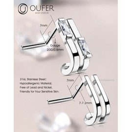 OUFER 2Pcs Nose Studs Silver, Unique Double Rows 20G Nose Rings L-shaped Sparkling Stainless Steel CZ Small Tiny Silver Nose Rings Studs for Women Men-7MM