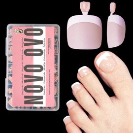 NOVO OVO Fake Toe Nail Tips Press on, French Tip Soft Gel Toenail Extension, BABY PINK Square Round Pre-applied Tip Primer & Base Coat, Full Cover Matte False Nails for DIY x 15 Sizes 360Pcs