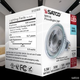 Satco LED MR16 Floodlight 5.5W 50W Equivalent 4000K Cool White 90+ CRI 36° Beam GU5.3 Bi-Pin Base 12V Dimmable Clear Finish – Part S12368 (6 Pack)