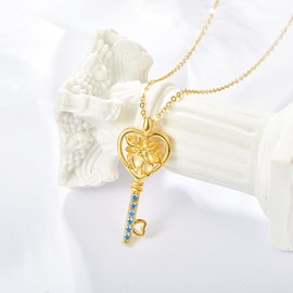 TANGPOET December Birth Flower Necklace with Blue Topaz Birthstone for Women Girls 925 Sterling Silver Key to Her Heart Pendant Poinsettia Jewellery Birthday Gifts for Her