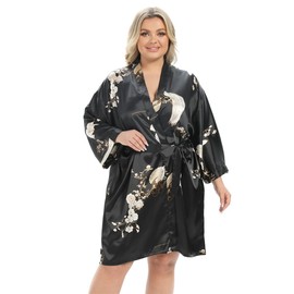 Vaborous Women's Plus Size Floral Robes - Satin & Silky Bathrobes & Kimono Robes - Bridesmaid Sleepwear, Black, 3X/4X