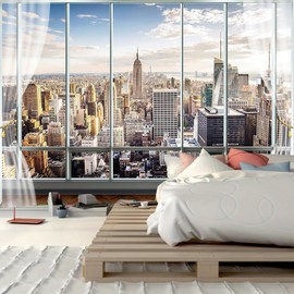 FENDROM New York Skyline Tapestry City Window View Sun White Clouds Buildings Business Center Art Wall Hanging For Living Room Dorm