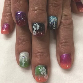 LBPEPAMZ Starry Sky Press on Nails Short Square Fake Nails with White Flower Coconut Tree Designs Black Gradient Glitter False Nails Colorful Rainbow Ombre Full Cover Stick on Nails for Women 24Pcs