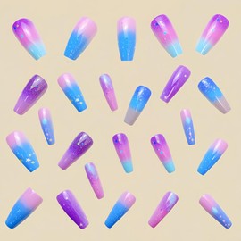 24 Pcs Blue Purple Ombre Press on Nails Medium Square - WLGDLH Coffin Fake Nails Glitter False Nails with Stars Moons Design Glossy Nail Tips Full Cover Acrylic Glue on Nails for Women