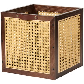 VinneGenzz Rattan Storage Cubes Wooden Storage Baskets Boxes Decorative Natural Handmade Bohemian Solid Wood Woven Wicker Cane Bin Closet Shelf Clothes Organizer Books Magazine Holder (Walnut)