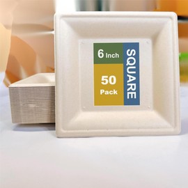 XinLiGoods [6 Inch 50 Pcs] Biodegradable Square Disposable Paper Plates, Microwavable and Eco-Friendly, Sturdy, Suitable for Party, Picnic or Camping, Made of Bagasse Cane Fibers