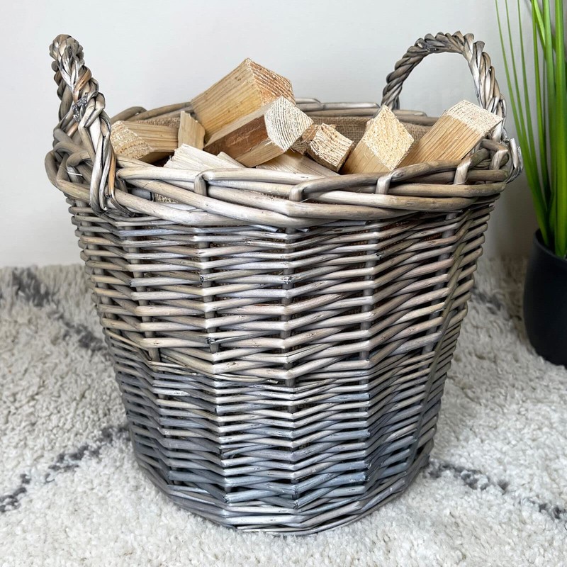 Wicker Lined Log Basket Classic Round Fireplace Storage Grey Woven