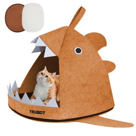 YKUBOT Foldable Shark-Shaped Cat Bed Cave - Easy-Zip Storage, Removable Cooling &Warming Mat, Carry Bag, L19 x W15 x H15.7 Inches [Brown]