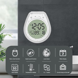 Waterproof Shower Timer, Digital Shower Clock, Waterproof Touch Screen Timer with Alarm Clock, Shower Clock with Timer, Timer with Suction Cup LCD（White）