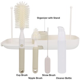 Portable Silicone Baby Bottle Cleaning Brush Set – All-in-One Travel Kit with Bottle Brush, Nipple Brush, Straw Brush, Cleaning Solution Bottle & Drying Rack for On-The-Go Parents (Gry)