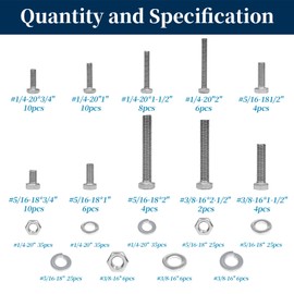 Nuts and Bolts Assortment Kit, 262 Pcs 304 Stainless Steel Bolts and Nuts Kit, A2 Hex Head Nut and Bolt Set #1/4-20, #5/16-18, #3/8-16, with Flat and Lock Washers