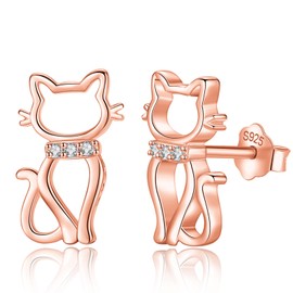 INFUSEU Cute Cat Earrings Sterling Silver Stud for Women Teen Teenage Tween Young Kitten Kitty Post Earrings Animal Lover Themed Gifts Items Trendy Stuff Dainty Rose Gold 925
