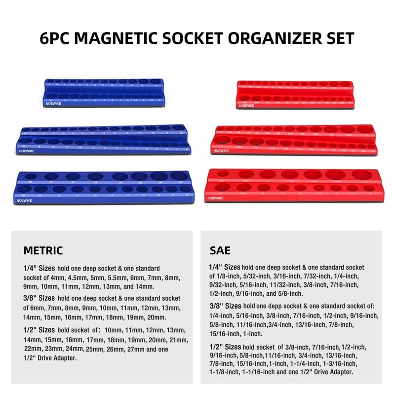 Socket Organizer Magnetic Socket Tray,NOEAIKE 6-Pack SAE & Metric 1/2,3/8,1/4