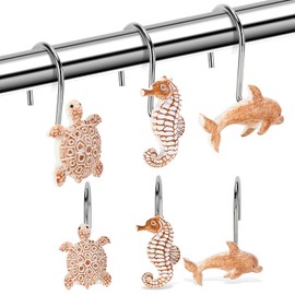 WEWIVODA Seashell Shower Curtain Hooks, 12Pcs Decorative Anti-Rust Shower Hooks, Coastal Style Curtain Hooks for Bathroom Nursery Bedroom Living Room Decoration (Turtle Starfish Dolphin)