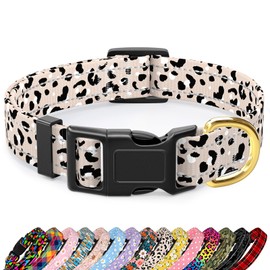 TMOODEL Reflective Dog Collar for Medium Dogs, Cute Leopard Style Adjustable Heavy-Duty Nylon Puppy Collar for Boy and Girl Female, Soft Pet Accessories with Quick Release Buckle, Beige