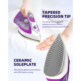 OMAIGA Steam Iron for Clothes, 1750W with Rapid Heating Ceramic Coated Soleplate, Clothing Iron with Adjustable Precise Thermostat Dial, Self-Cleaning, Auto-Off, 15.21oz Water Tank for Daily Ironing Use, PURPLE