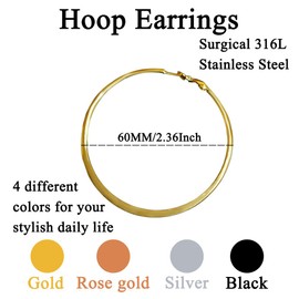 Gold Hoop Earrings Stainless Steel Earrings for Women 2.36" Simple Hoops Flatten 18K Rose Gold Plated Black Silver Earrings