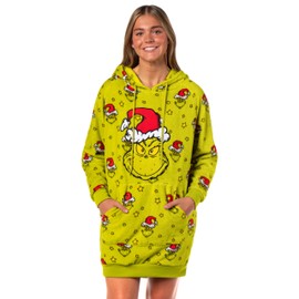MJC Dr. Seuss The Grinch Women's Pullover Hooded Plush Fleece Adult Pajama Dorm Sleep Shirt With Knee High Socks (Small)
