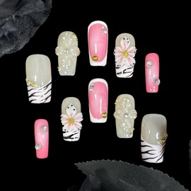 Handmade Press On Nails Short-Medium Square Bold Pink Zebra Stripes & 3D Floral | Glitter Flowers With Gold Accent | Reusable Acrylic Fake Nails for Parties & Daily​ (Pink Zebra, M)